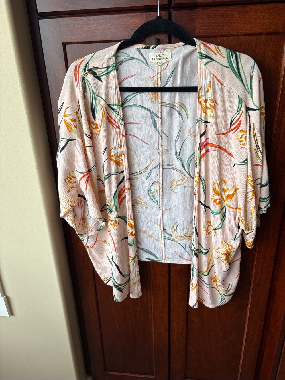 O'Neill Peach Floral Open-Front Kimono with Green & Yellow Accents